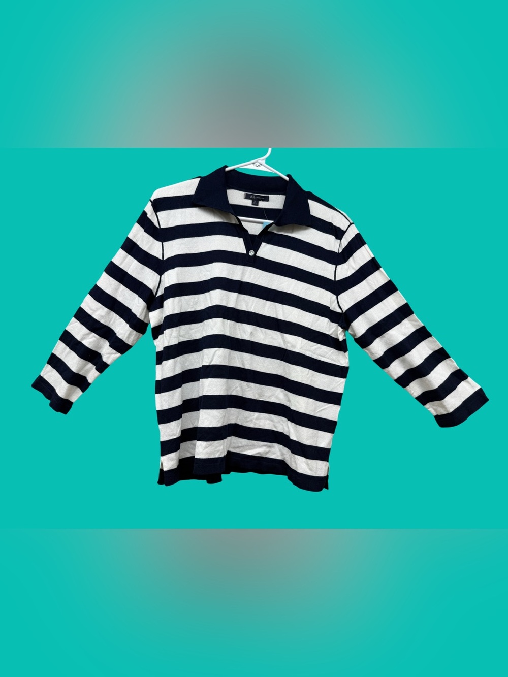 Anne Klein Navy and White Striped Long Sleeve Polo Top - Kids
